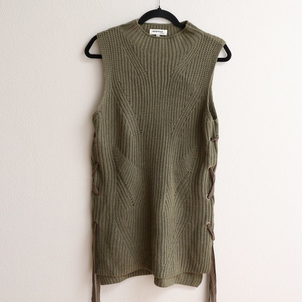 Monteau Los Angelos Olive Green Mock Neck Sleeveless Knit Sweater Vest M